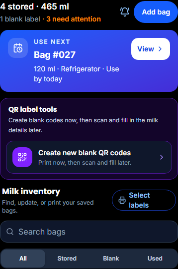 Fictional Booblie inventory with 465 ml stored and bag 027 recommended next